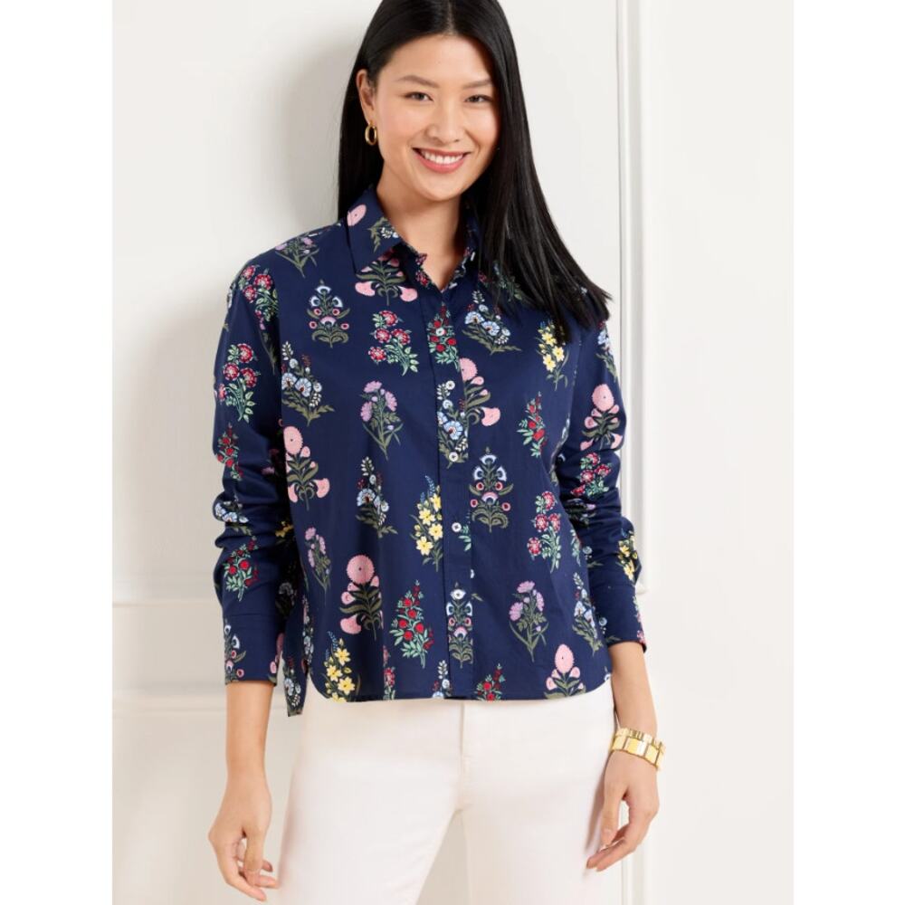 Talbots Floral Radiance Oversized Cropped Cotton Blouse Navy Medium